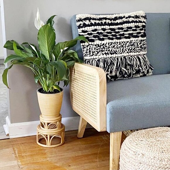 NEW Set of 2 Small Boho Rattan Wicker Round Riser Plant Stand Indoor, Rustic - Picture 5 of 9